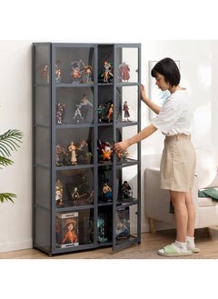 Rubik Display Cabinet with Acrylic Windows Double Doors, Bamboo Bookcase Bookshelf 5 Tier Shelf Storage Organizer for Living Room Office Bedroom - Grey  - Image 2