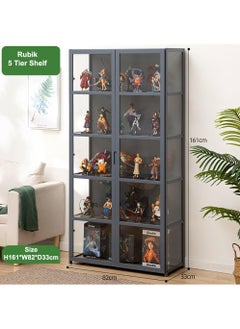 Rubik Display Cabinet with Acrylic Windows Double Doors, Bamboo Bookcase Bookshelf 5 Tier Shelf Storage Organizer for Living Room Office Bedroom - Grey  - Image 3