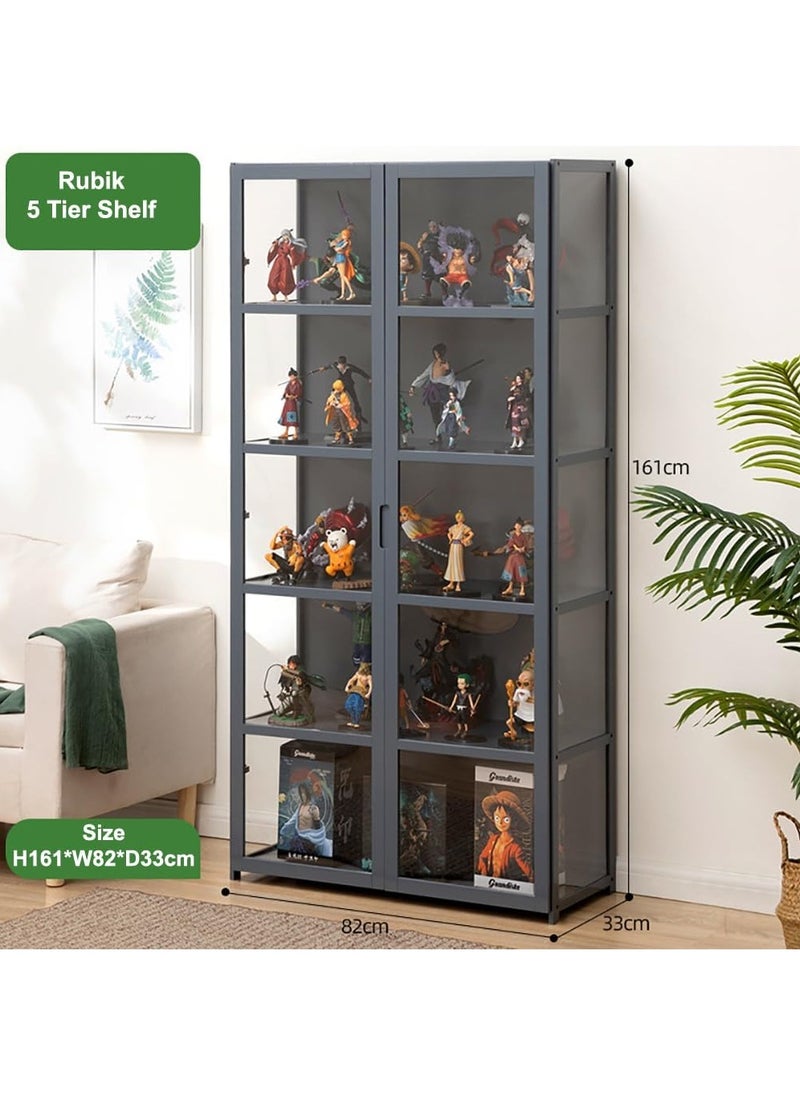 Rubik Display Cabinet with Acrylic Windows Double Doors, Bamboo Bookcase Bookshelf 5 Tier Shelf Storage Organizer for Living Room Office Bedroom - Grey  - Image 3
