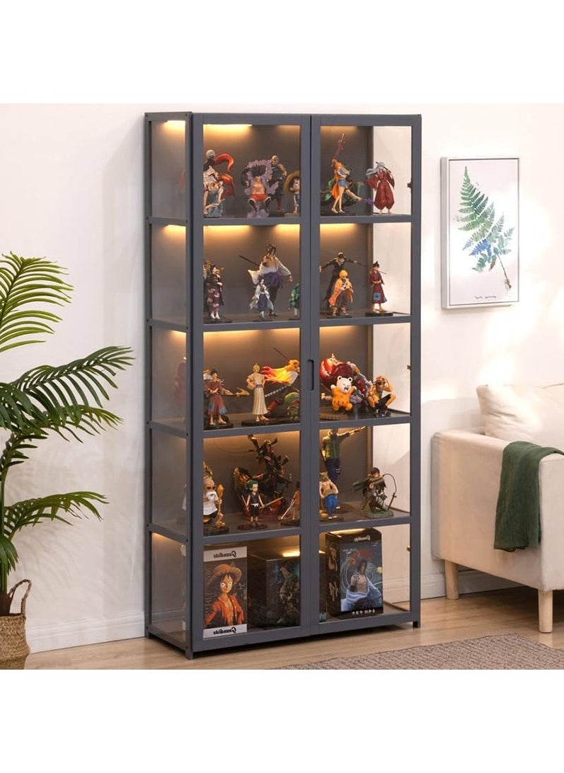 Rubik Display Cabinet with Acrylic Windows Double Doors, Bamboo Bookcase Bookshelf 5 Tier Shelf Storage Organizer for Living Room Office Bedroom - Grey  - Image 4