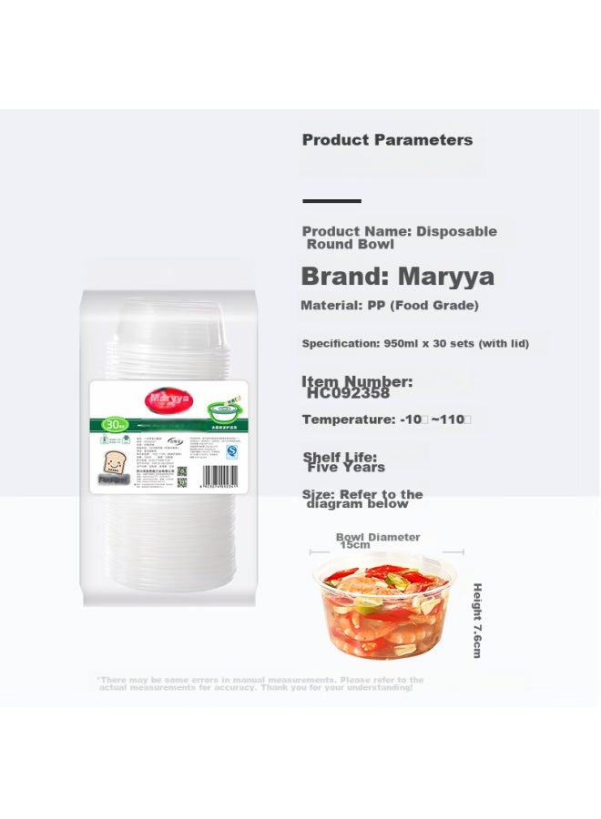 Maryya Meili Ya Disposable Bowls With Lids, Food-grade Lunch Boxes 950ml*30, Microwave-safe Takeout Containers For Picnics And Food Packaging - Image 1