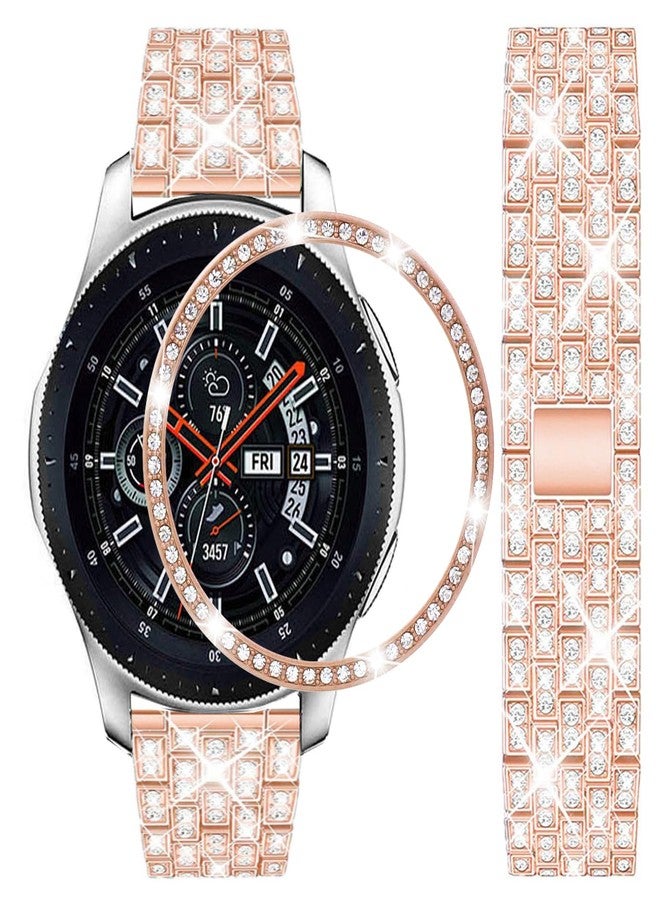 DEALELE Band Compatible with Galaxy Watch 46mm, 22mm Full Diamond Stainless Steel Metal Strap with Bezel Ring Cover Strap Replacement for Samsung Gear S3 Frontier / Classic Women Men (Rose gold) - Image 1