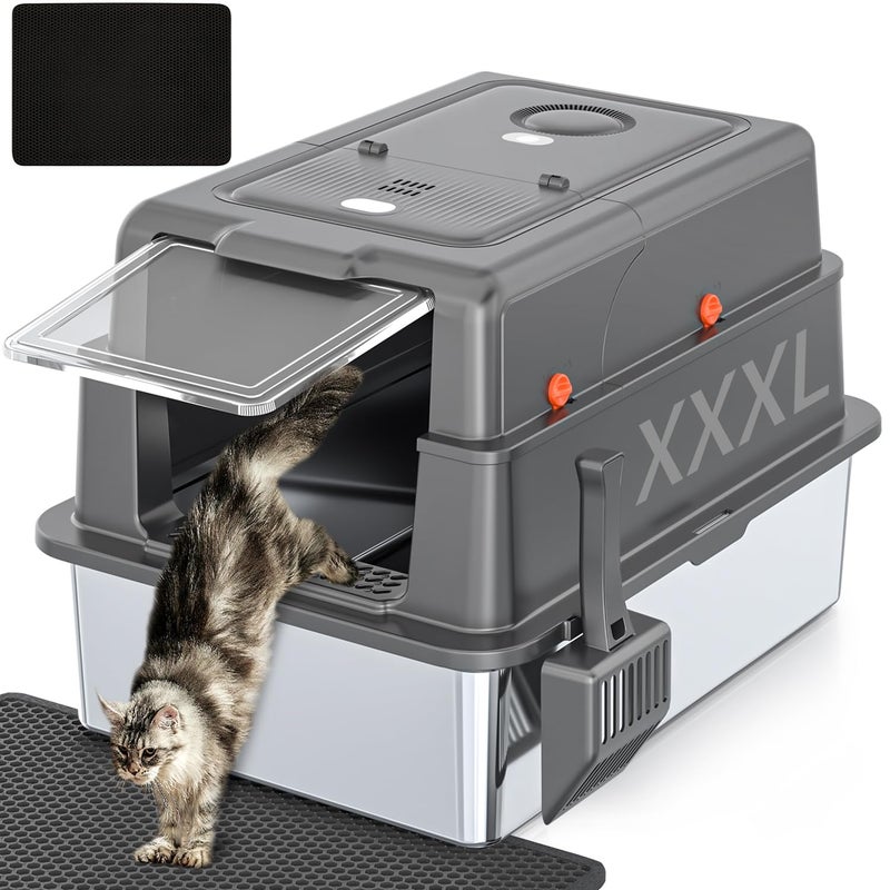 KMNSUN XXXL Extra Large Stainless Steel Litter Box with Lid, 28" L x 20.5" W x 17" H Covered Stainless Steel Litter Box, Suitable for Large Cats and Multiple Cats, Non-Sticky, Anti-Leakage, Easy to Clean - Image 1