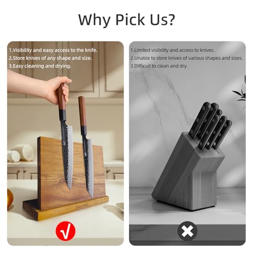 FINDKING Magnetic Knife Block, Teak Wood Utensils Holder, Strong Magnet Stand for Kitchen Counter (10.8 x 8 Inches, Without Knives) - Image 4