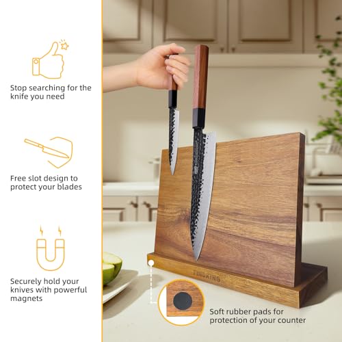 FINDKING Magnetic Knife Block, Teak Wood Utensils Holder, Strong Magnet Stand for Kitchen Counter (10.8 x 8 Inches, Without Knives) - Image 2