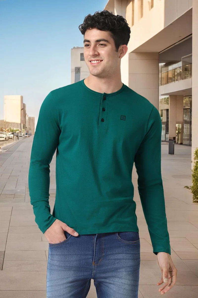 Urbano Fashion  Urbano Fashion Men's Dark Green Solid Henley Neck Slim Fit Cotton T-Shirt for Men | Best Price UAE