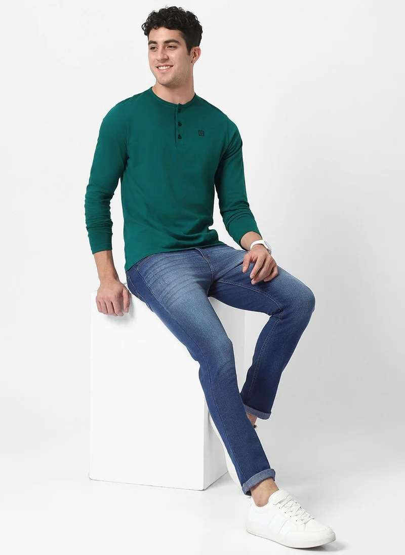 Urbano Fashion  Urbano Fashion Men's Dark Green Solid Henley Neck Slim Fit Cotton T-Shirt for Men | Best Price UAE