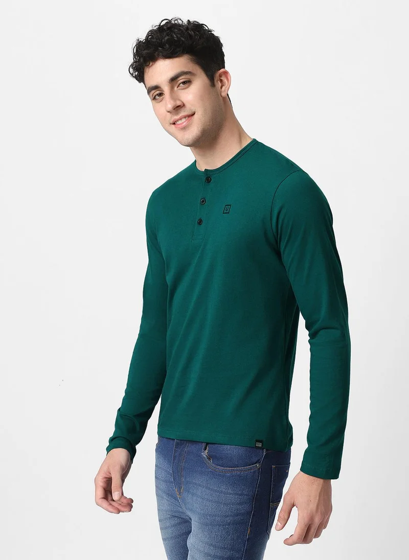 Urbano Fashion  Urbano Fashion Men's Dark Green Solid Henley Neck Slim Fit Cotton T-Shirt for Men | Best Price UAE