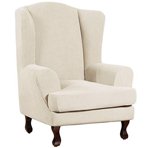 Turquoize Wingback Chair Covers 2 Piece Wing Chair Slipcover Stretch Slipcovers for Wingback Chairs Wing Chair Cover Spandex Jacquard Fabric with Elastic Bottom Non-Slip Furniture Cover,Biscotti Beige - Image 1