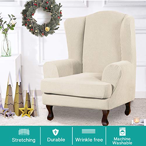 Turquoize Wingback Chair Covers 2 Piece Wing Chair Slipcover Stretch Slipcovers for Wingback Chairs Wing Chair Cover Spandex Jacquard Fabric with Elastic Bottom Non-Slip Furniture Cover,Biscotti Beige - Image 2