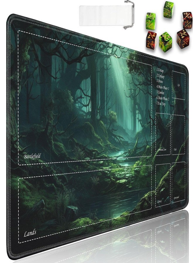 بساط لعب JVGFYNKL لألعاب MTG/TCG، مزود بمناطق لعب، مقاس 24×14 بوصة، مصنوع من المطاط غير القابل للانزلاق، مع حقيبة سفر برباط و6 نرد، بساط لعب لألعاب الورق من Green Forest - Image 1