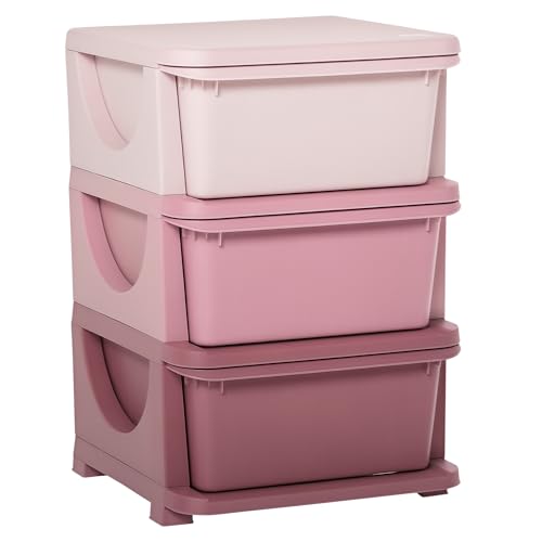 Qaba 3 Tier Kids Storage Unit 3 Drawer Chest Toy Organizer Plastic Bins for Kids Bedroom Nursery Kindergarten Living Room for Boys Girls Toddlers Pink