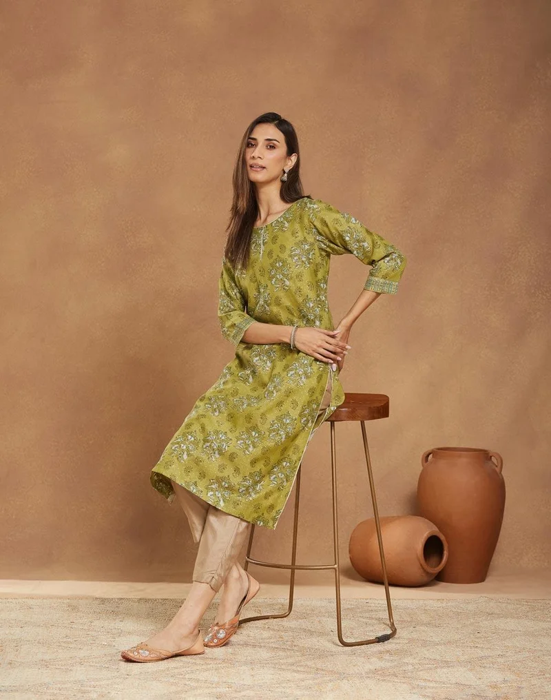 Fabindia Green Cotton Silk Hand Block Printed Long Kurta