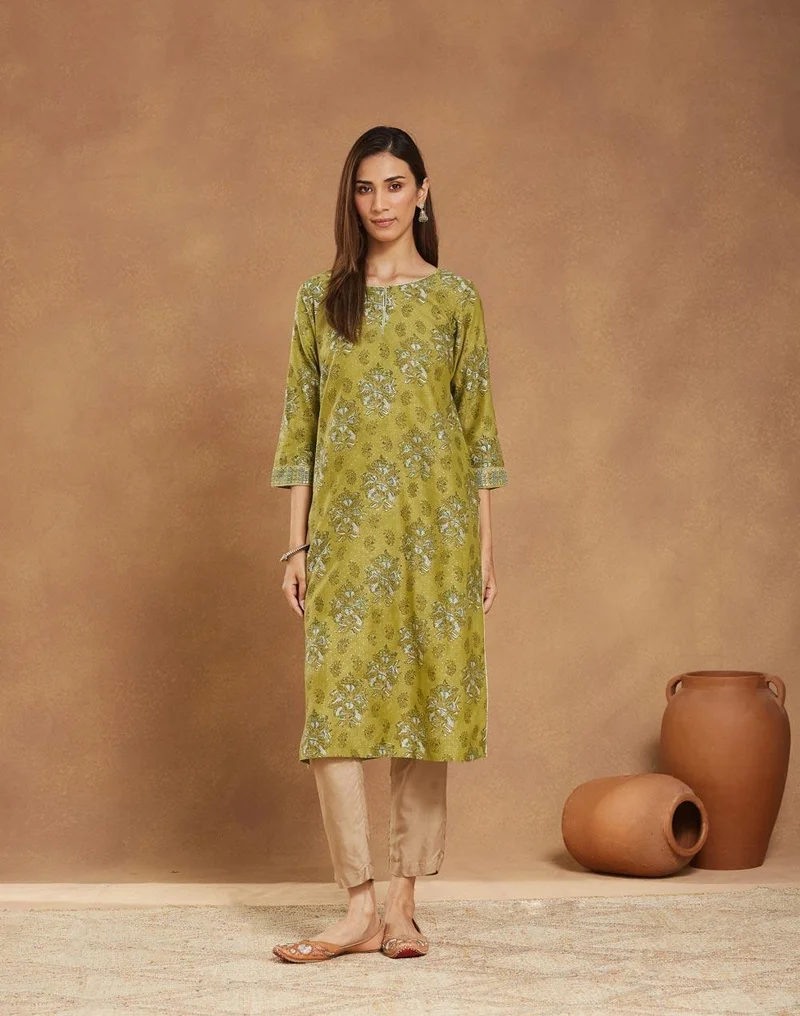 Fabindia Green Cotton Silk Hand Block Printed Long Kurta