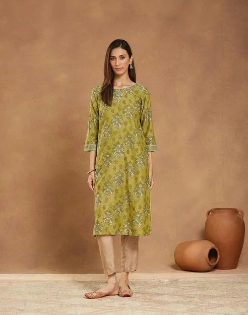 Fabindia Green Cotton Silk Hand Block Printed Long Kurta