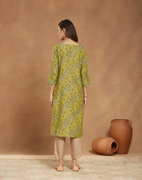Fabindia  Green Cotton Silk Hand Block Printed Long Kurta for Women | Best Price UAE