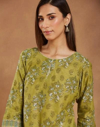 Fabindia  Green Cotton Silk Hand Block Printed Long Kurta for Women | Best Price UAE