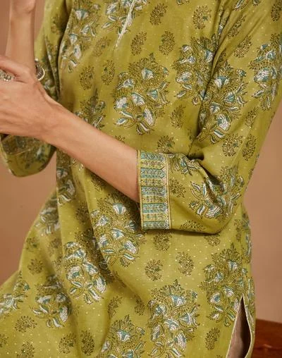 Fabindia  Green Cotton Silk Hand Block Printed Long Kurta for Women | Best Price UAE