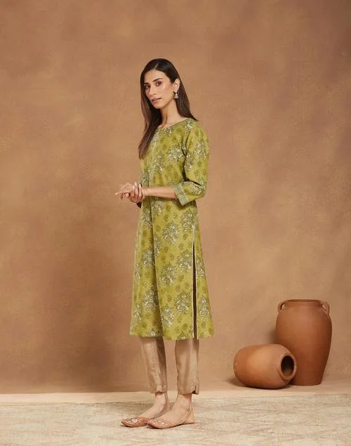 Fabindia  Green Cotton Silk Hand Block Printed Long Kurta for Women | Best Price UAE