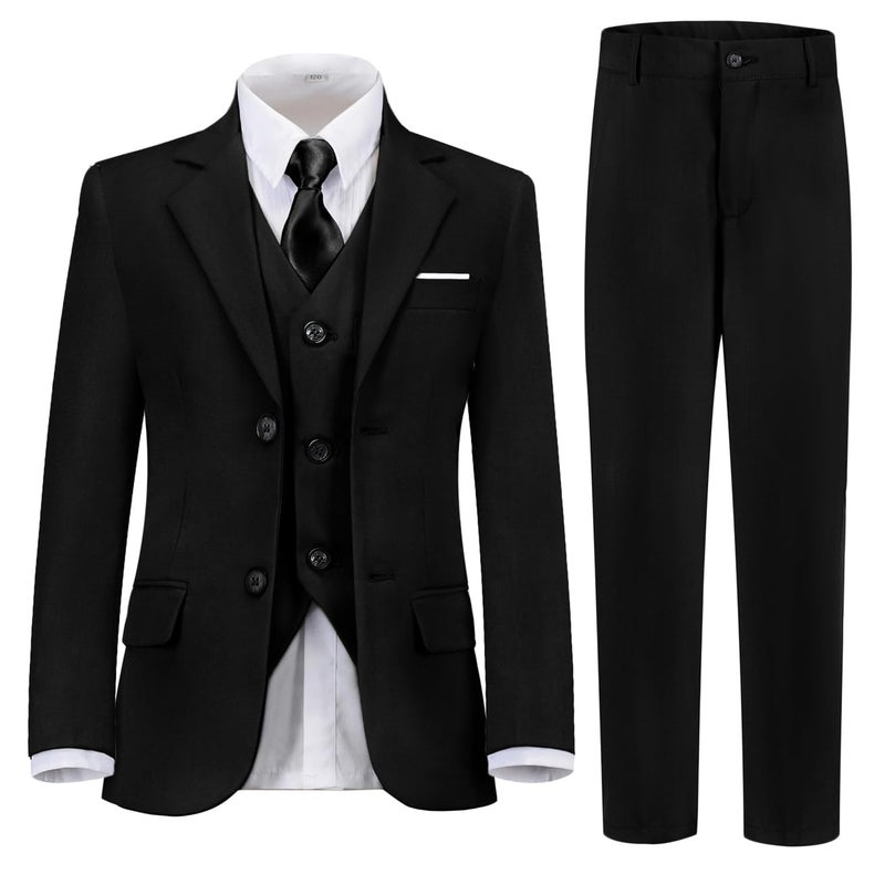 Boy Suit Set Slim Fit Dress Clothes with Jacket Pants Vest Shirt and Tie Size 14 Black
