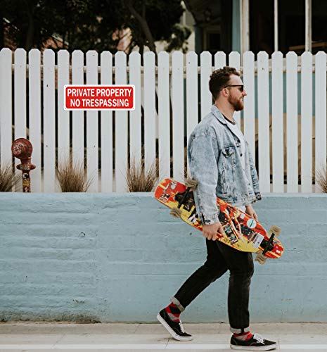 MongFun No Trespassing Signs Private Property Security Warning Metal Yard Sign Reflective Red Aluminum for Garden Outdoor Indoor Gates Weatherproof Rust Free Easy Installation (2 Pack 10 x 3.5 inches) - Image 5