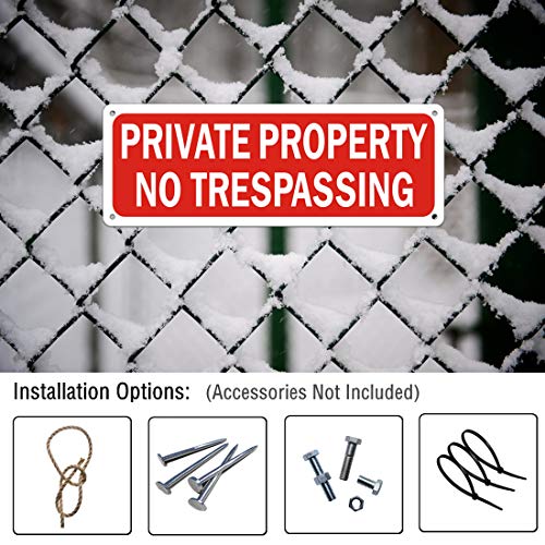 MongFun No Trespassing Signs Private Property Security Warning Metal Yard Sign Reflective Red Aluminum for Garden Outdoor Indoor Gates Weatherproof Rust Free Easy Installation (2 Pack 10 x 3.5 inches) - Image 3