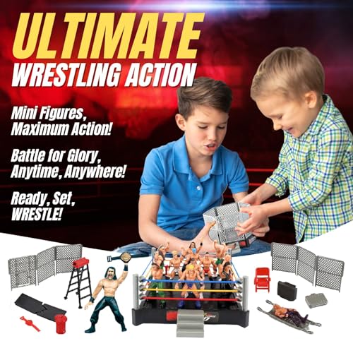 Liberty Imports Ultimate 32-Piece Wrestling Miniature Toys for Kids Pretend Play, Wrestler Figures with 2 Rings & Realistic Accessories for Boys and Girls, Great for Cake Toppers, Parties - Image 2