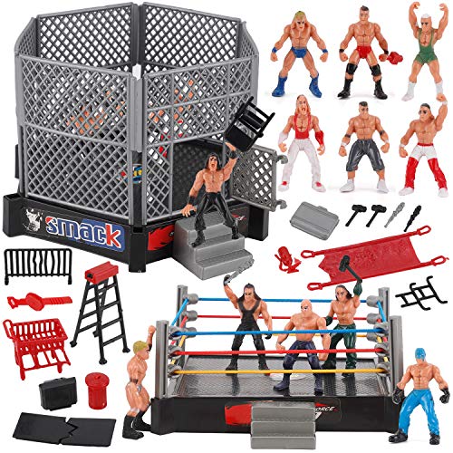 Liberty Imports Ultimate 32-Piece Wrestling Miniature Toys for Kids Pretend Play, Wrestler Figures with 2 Rings & Realistic Accessories for Boys and Girls, Great for Cake Toppers, Parties - Image 1