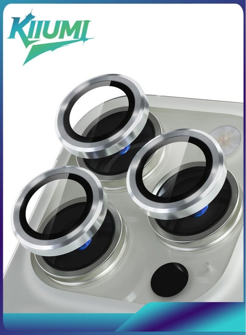 KIIUMI Camera Lens Protector for iPhone 16 Pro and iPhone 16 Pro Max , 9H Tempered Glass Metal Individual Ring Cover, HD Clear, 3-PCS silver - Image 1