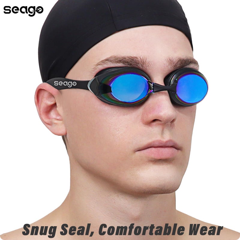 Seago Swimming Goggles 2 Pack Swim Goggles Anti Fog Goggles Adult Swimming UV Protection Fit for Adult Men Women Youth Junior, No Leaking Soft Silicone Seal Mirrored Flat Lens, 3 Sizes of Nose Bridge - Image 2
