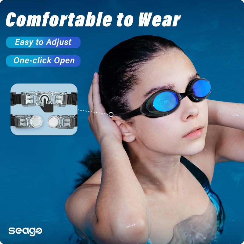 Seago Swimming Goggles 2 Pack Swim Goggles Anti Fog Goggles Adult Swimming UV Protection Fit for Adult Men Women Youth Junior, No Leaking Soft Silicone Seal Mirrored Flat Lens, 3 Sizes of Nose Bridge - Image 3