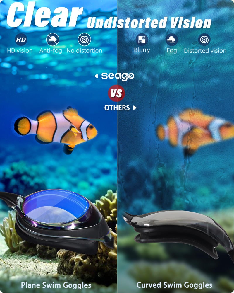 Seago Swimming Goggles 2 Pack Swim Goggles Anti Fog Goggles Adult Swimming UV Protection Fit for Adult Men Women Youth Junior, No Leaking Soft Silicone Seal Mirrored Flat Lens, 3 Sizes of Nose Bridge - Image 4