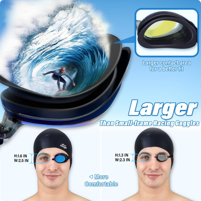 Seago Swimming Goggles 2 Pack Swim Goggles Anti Fog Goggles Adult Swimming UV Protection Fit for Adult Men Women Youth Junior, No Leaking Soft Silicone Seal Mirrored Flat Lens, 3 Sizes of Nose Bridge - Image 5