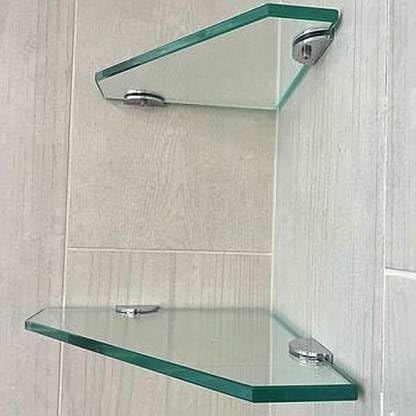 windowera Pentagonal Glass Corner Shelf Suitable for Bathroom Kitchen Living Room Glass Wall Shelf Number of Shelves 2 Clear