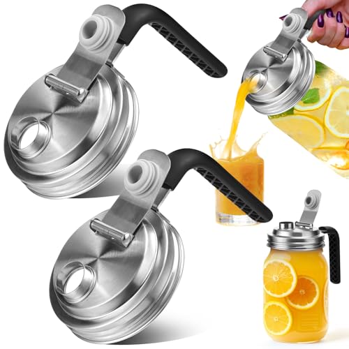 PalkSky Mason Jar Pour Spout Lid Stainless Steel with Handle, Wide Mouth Pour Spout Flip Cap Lids for Mason Jars, Anticracking Leak Proof Seal Cover Airtight for Drinking Salad Dressing & Food Storing(2PCS) - Image 1