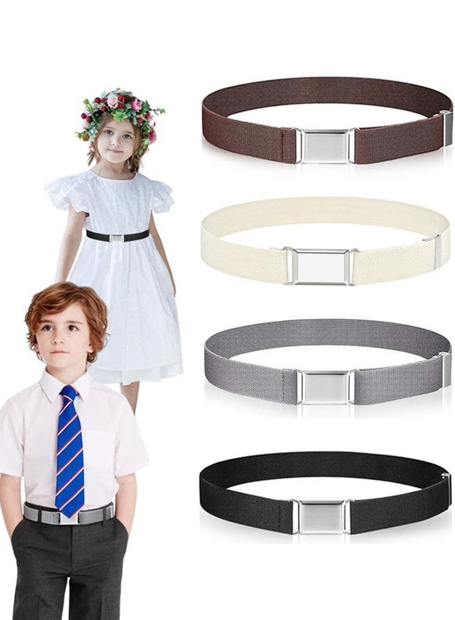 4 Pcs Kids Toddler Elastic Stretch Belts Adjustable with Silver Square Buckle Stylish Unisex Waist Belts for Jeans Pants Skirts Boys Girls Daily Wear School Travel Gift,Black Brown Grey White - Image 1