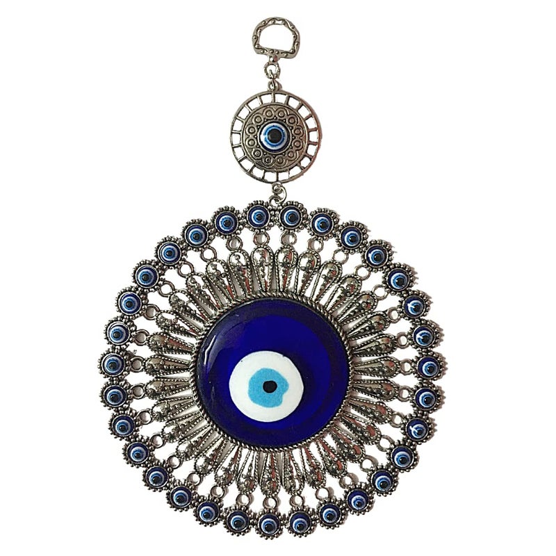 RIPE INDIA RIPE INDIA Chakra Nazar Battu Evil Eye Hanging for Home Entrance for Car Decoration Big Size Blue Silver - Image 1