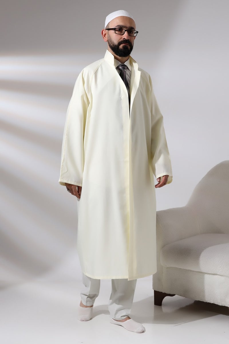 ihvanonline Cream Men's Prayer Dress Plain Patternless Judge Collar Imam Robe - Image 4