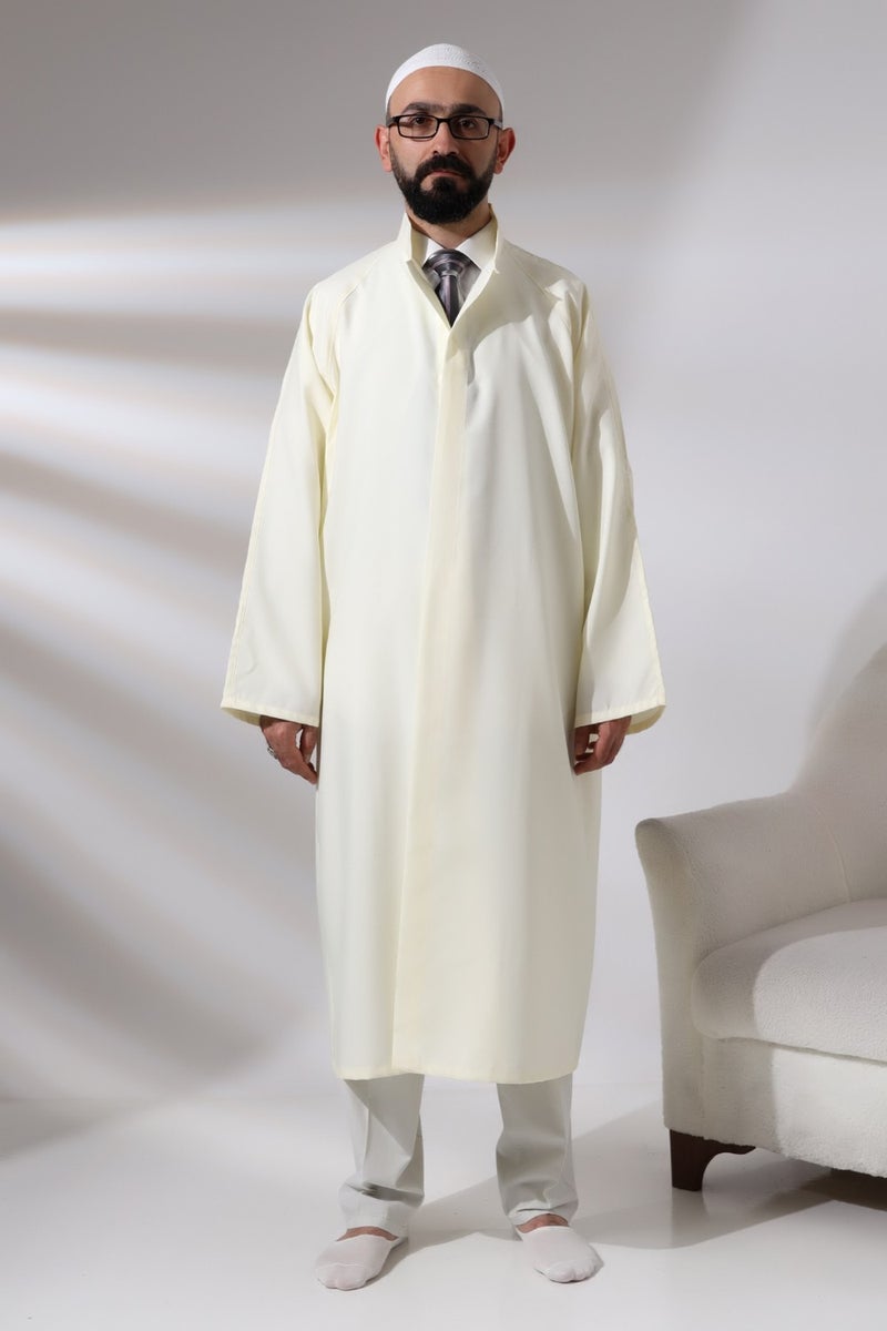 ihvanonline Cream Men's Prayer Dress Plain Patternless Judge Collar Imam Robe - Image 5
