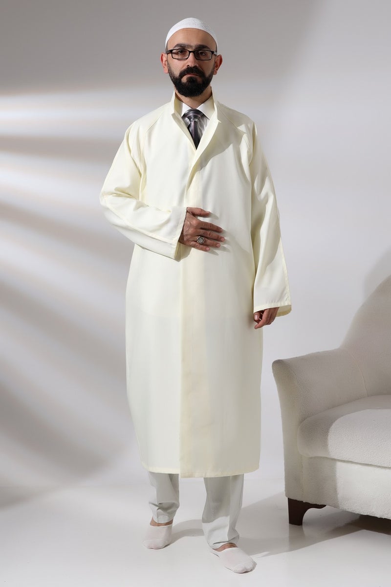 ihvanonline Cream Men's Prayer Dress Plain Patternless Judge Collar Imam Robe - Image 1