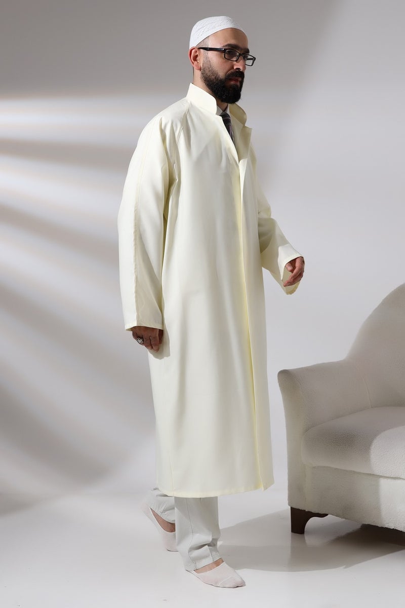 ihvanonline Cream Men's Prayer Dress Plain Patternless Judge Collar Imam Robe - Image 3