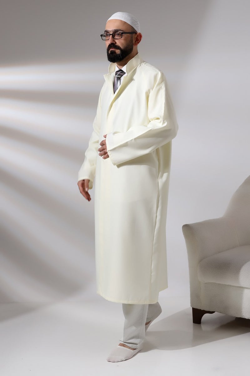 ihvanonline Cream Men's Prayer Dress Plain Patternless Judge Collar Imam Robe - Image 2