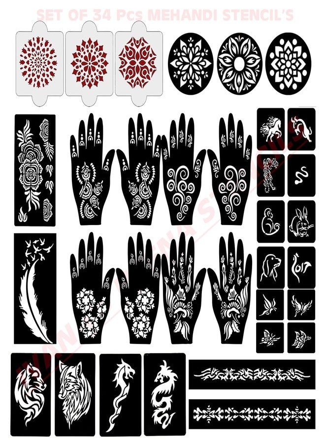 إيفاناز مجموعة إيفانا المكونة من 34 قطعة من قوالب الحناء القابلة لإعادة الاستخدام لليدين والمعصم والجسم والظهر والرقبة والوجه، عبوة كومبو من القوالب للنساء والفتيات والأطفال، سهلة الاستخدام في 4 خطوات فقط، مجموعة تصميم هندي، A2097 - Image 1