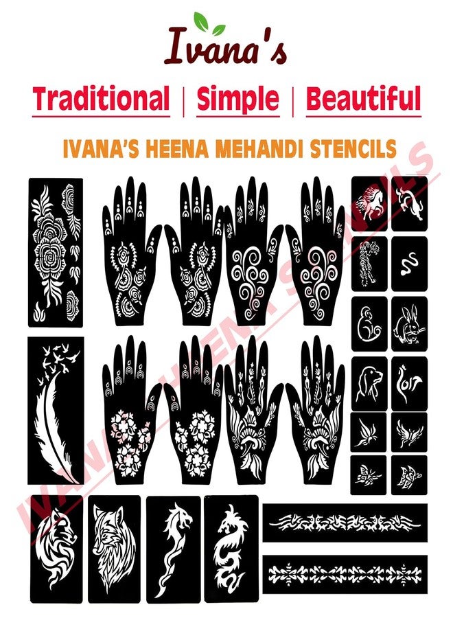 إيفاناز مجموعة إيفانا المكونة من 34 قطعة من قوالب الحناء القابلة لإعادة الاستخدام لليدين والمعصم والجسم والظهر والرقبة والوجه، عبوة كومبو من القوالب للنساء والفتيات والأطفال، سهلة الاستخدام في 4 خطوات فقط، مجموعة تصميم هندي، A2097 - Image 5
