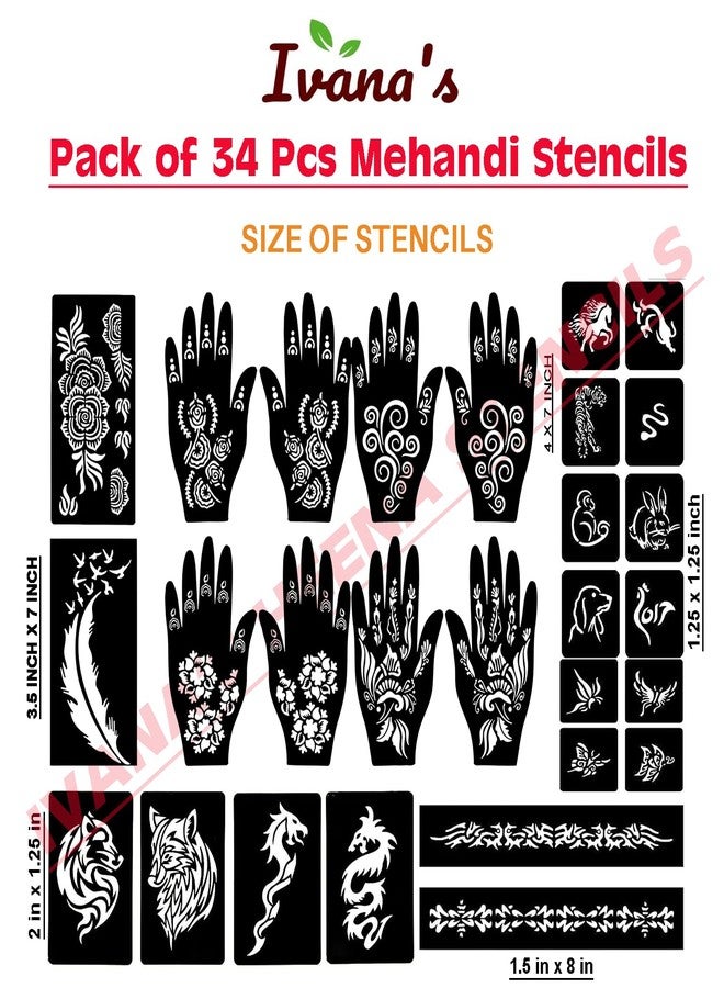 إيفاناز مجموعة إيفانا المكونة من 34 قطعة من قوالب الحناء القابلة لإعادة الاستخدام لليدين والمعصم والجسم والظهر والرقبة والوجه، عبوة كومبو من القوالب للنساء والفتيات والأطفال، سهلة الاستخدام في 4 خطوات فقط، مجموعة تصميم هندي، A2097 - Image 4