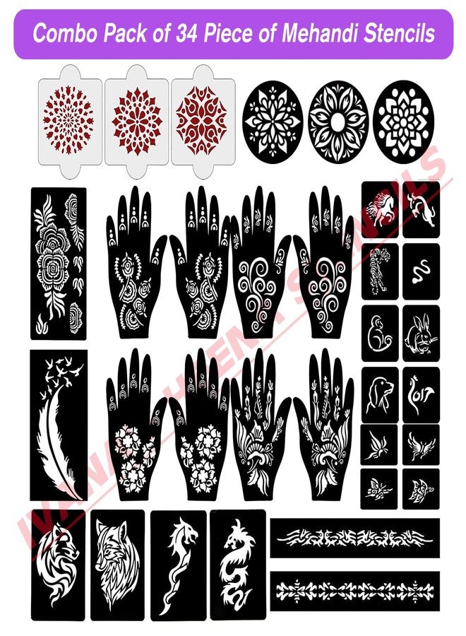 إيفاناز مجموعة إيفانا المكونة من 34 قطعة من قوالب الحناء القابلة لإعادة الاستخدام لليدين والمعصم والجسم والظهر والرقبة والوجه، عبوة كومبو من القوالب للنساء والفتيات والأطفال، سهلة الاستخدام في 4 خطوات فقط، مجموعة تصميم هندي، A2097 - Image 2