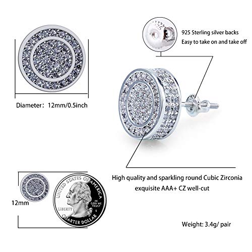 TOPGRILLZ 925 Sterling Silver Iced out CZ Premium Diamond Cluster Zirconia Round Screw Back Stud Earrings for Men and Women Hip Hop Jewelry (Silver Big Circle) - Image 2