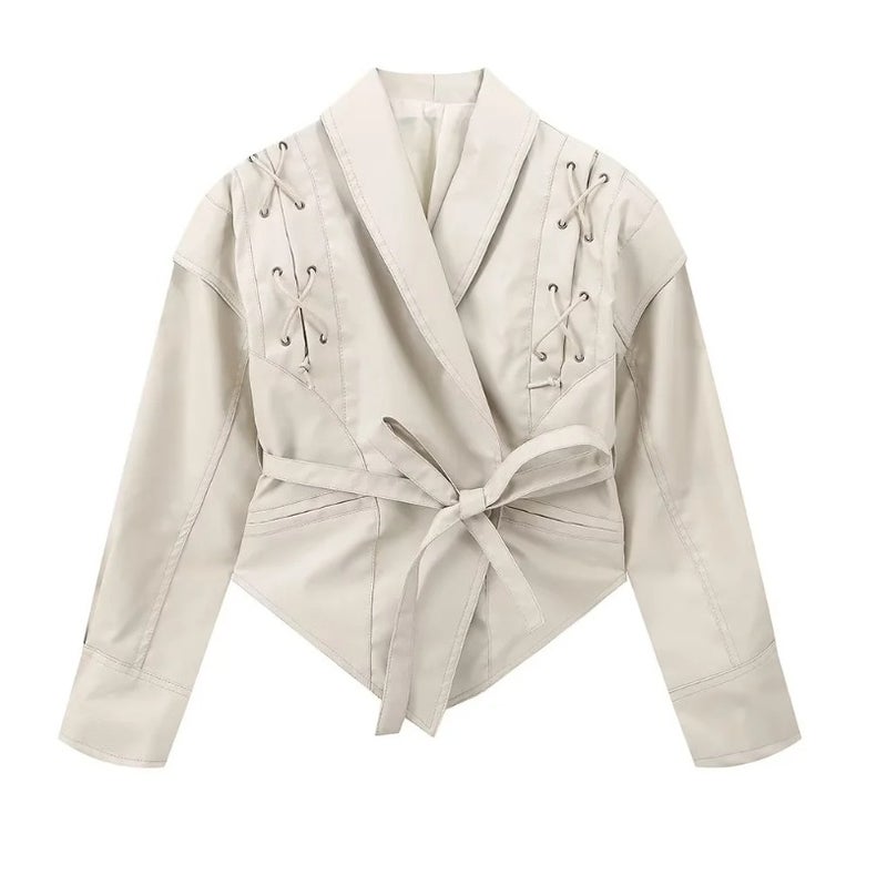 Retro Biker Jacket Faux Leather Womens Outerwear Off-white  - Image 1