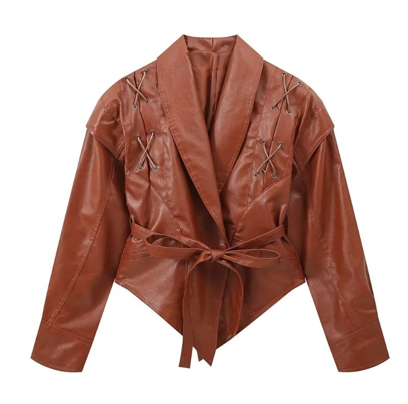 Retro Biker Jacket Faux Leather Womens Outerwear Off-white  - Image 2