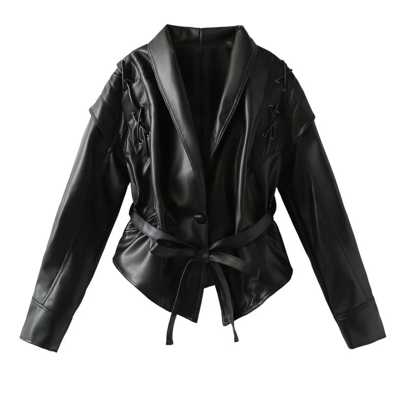 Retro Biker Jacket Faux Leather Womens Outerwear Off-white  - Image 3